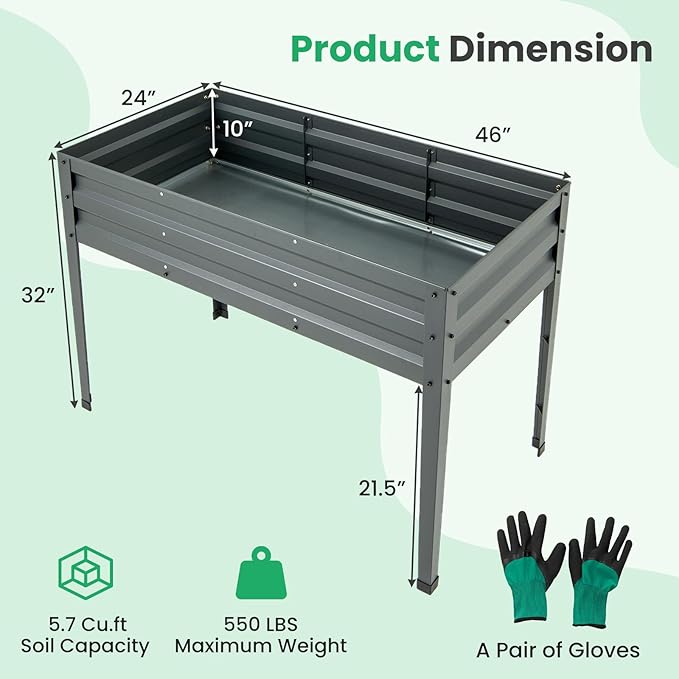 Giantex Raised Garden Bed with Legs 46”x24”x32” Galvanized Steel Planter Box with Drainage Holes for Vegetables Flowers &amp Fruits Freestanding Elevated Planting Bed Easy Assembly (Grey)