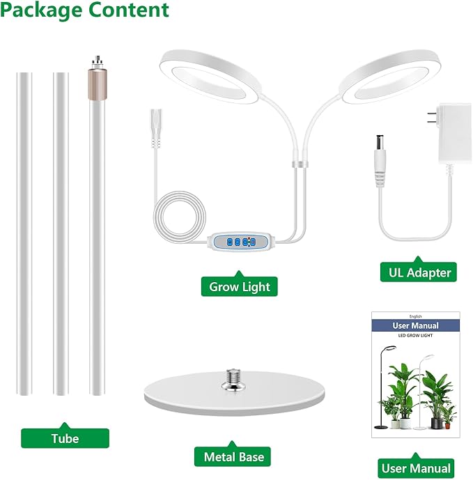 Large Plant Light for Indoor Plants 2 Head Full Spectrum Grow Light with 68 Adjustable Stand for Growing Large Tall Plants White Halo Floor LED Grow Lamp with 16 Hour Timer