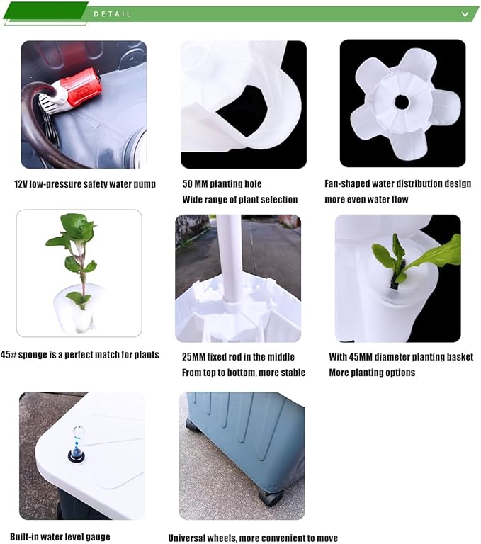 Hydroponic Tower System Hydroponic Grow Kit Earthless Growing System Aeroponics Tower with Hydration Pump Adapter Seed Bed and Net PotsGray10th Floor