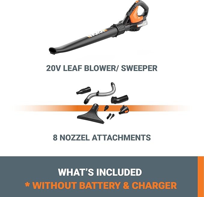 WORX Cordless Leaf Blower Electric Blowers for Lawn Care with 120 MPH &amp 2.7 LBS Long Nozzle Design for Narrow Spaces with Cleaning Attachments Battery &amp Charger Not Included WG545.9