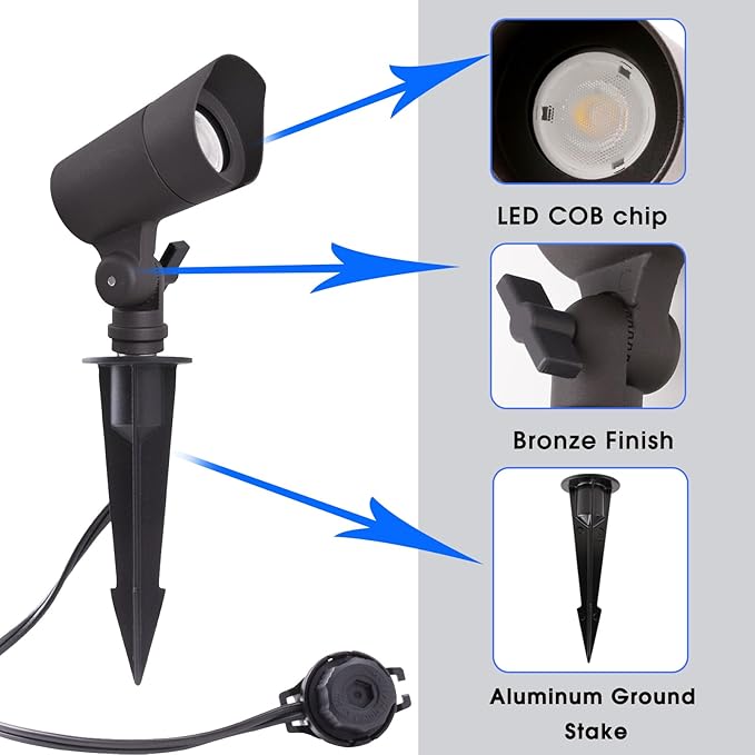 LED Landscape Lights with Connectors 12V Low Voltage Warm White 3000k 4W 175LM Outdoor Waterproof Garden Pathway Lights Wall Tree Flag Spotlights with Spike Stand 6 Pack