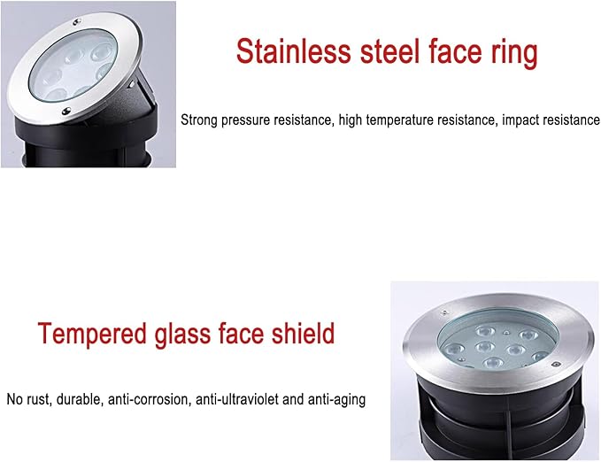 Outdoor Landscape Lights - LED Underground LightRound Recessed Spotlight IP67 Waterproof Tempered Glass Floor Light Thickened Integrated ABS Embedded ShellRed-9W