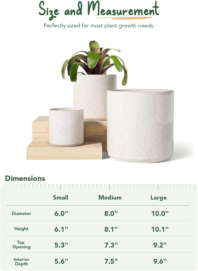LE TAUCI Ceramic Pots for Plants 10/8/6 Inch Indoor Planters with Draiange Hole Silicone Plug &amp Mesh Pad Modern Minimalist Pots for Home Office Set of 3 Glossy Linen Birch