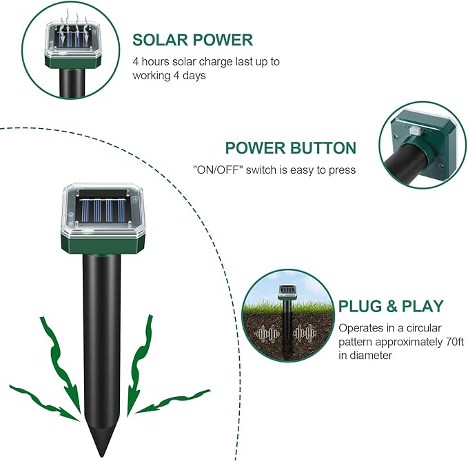 Mole Repellent for Lawns 8 Pack Solar Powered Mole Repeller Ultrasonic Gopher Deterrent Outdoor Waterproof Vole Vibration Stakes Sonic Spike for Rodent Groundhog Snake Chipmunk
