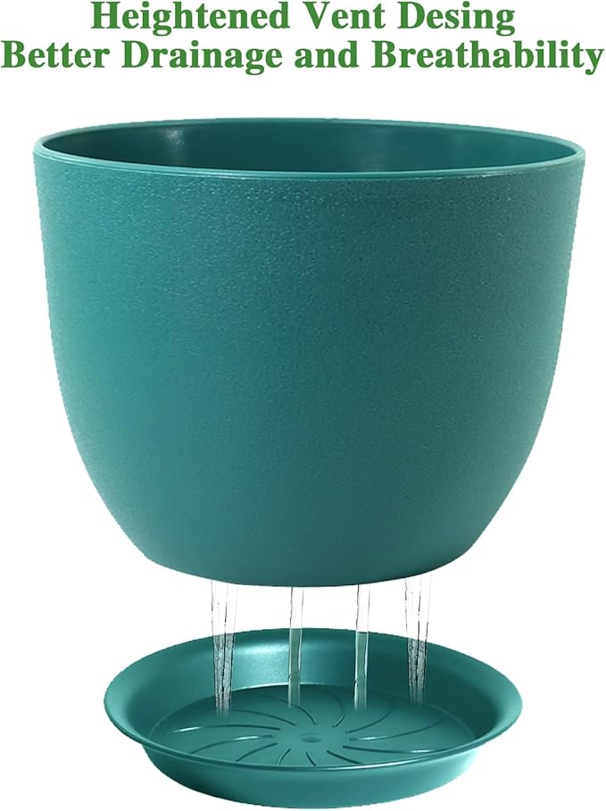 12/10/9 Large Modern Plant Pots Plastic Planters with Drainage Holes and Saucers for Indoor Outdoor Plants Flowers Malachite Green