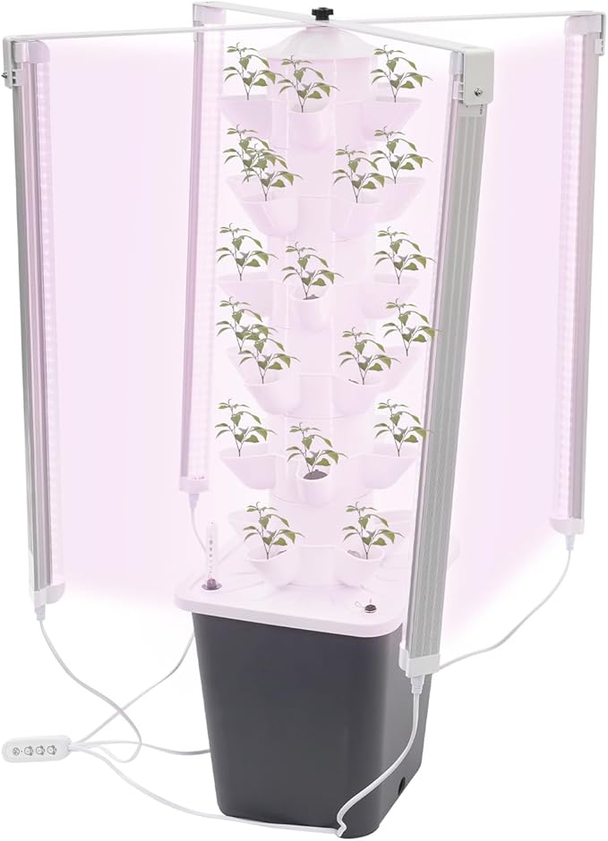 Hydroponic Tower Garden 30-Pod Indoor Gardening System w/ 4 Full-Spectrum LED Grow Lights 10L Auto Irrigation Water Tank Vertical Planter for Herbs Lettuce &amp Strawberries (Black)