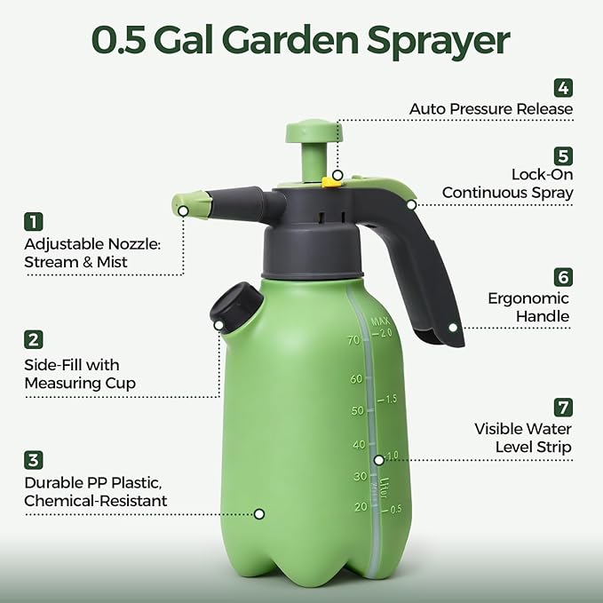 T4U Pump Sprayer 1/2 Gallon PP Hand Pump Pressure Sprayer for Home Garden Plant Care and Household Cleaning with Built-in Measuring Cup &amp Adjustable Nozzle Suitable for Fertilizers &amp Common