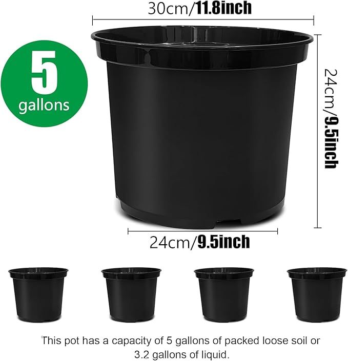 5 Gallon 12 Inch Plastic Nursery Pots Plant Containers with Drainage Holes Round Sturdy Garden Planters for Indoor/Outdoor Greenery Gardening Gifts for Women (5-Pack Black)
