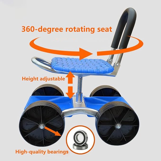 Adjustable Rolling Garden Cart with 360° Tool Tray Ergonomic Gardening Chair for Outdoor Planting Weeding &amp Yard Maintenance - 23.62X18.5X12.2 Inche