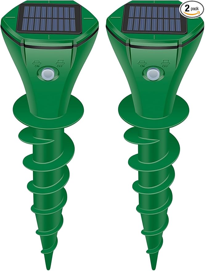 Mole Repellent Solar Powered2 Pack Ultrasonic Gopher Repeller IP65 Waterproof for Lawn Garden Yard Sonic Vole Repellent Mole Killer Outdoor Get Rid of Snake Groundhog Chipmunk Squirrels-Dark Green