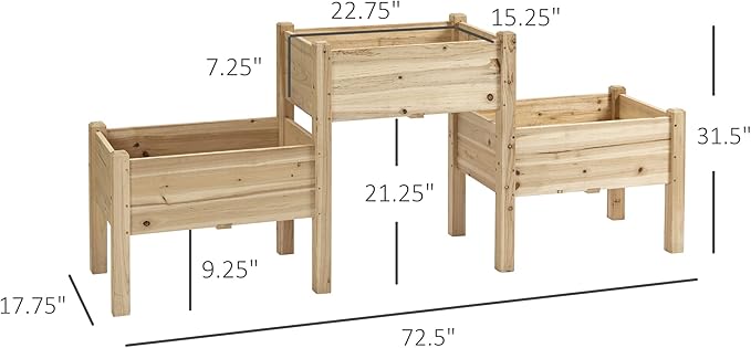 Raised Garden Bed with 3 Planter Boxes Two-Tier Elevated Wooden Plant Stand with Drainage Holes for Vegetables Herbs and Flowers Natural Wood