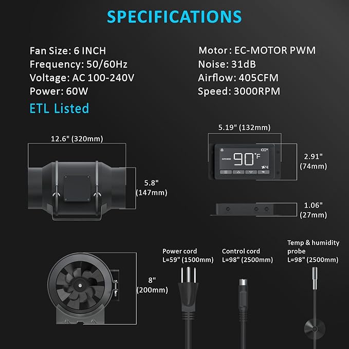 Toolazy 6 Inch Inline Duct Fan with Smart Controller 405 CFM Quiet EC Motor Ventilation Fan with Temperature Humidity Sensor Exhaust Fan for Grow Tent Hydroponics HVAC Indoor Gardening