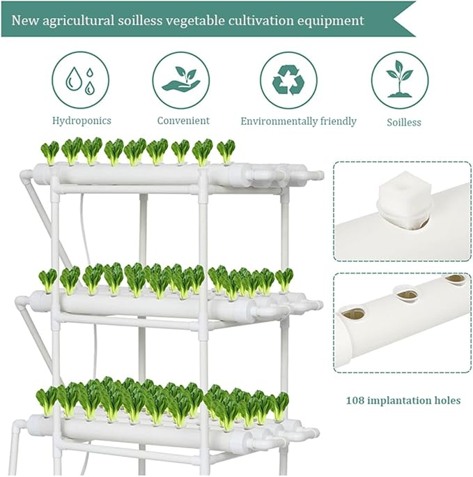 Hydroponics Growing System KitBalcony-Type Hydroponic Vegetable Growing MachinePVC Plant Sites with 108 Plant SitesGardening System Grow Kit with Water Pump Timerfor VegetablesFruitsHerbA