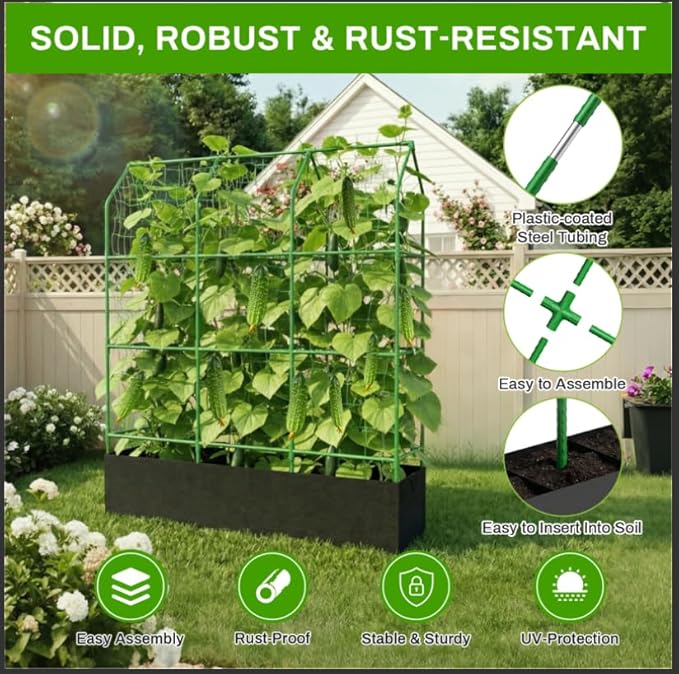 Large Cucumber Trellis with Grow Bag 65 Tall Metal Garden Trellis for Climbing Plants Outdoor Reusable Cucumber Trellis for Raised Bed with Netting for Tomatoes Peas Grapes Plant Support