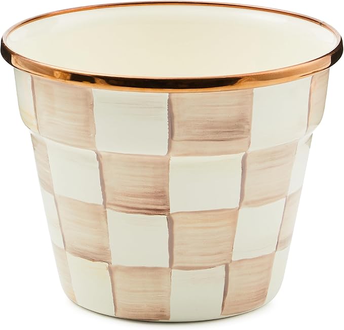 MACKENZIE-CHILDS Enamel Garden Pot Decorative Pot for Plants Outdoor Flowerpot Decor Small Brown-and-White Mocha Check