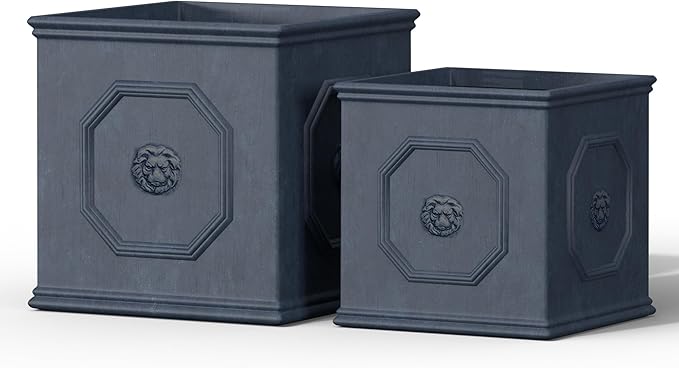 Kante Square Lion Head Concrete Planter Set of 2 Classic English Style Plant Pot with Drainage Hole and Rubber Plug for Indoor Outdoor 10.2x10.2x10.2 and 12.6x12.6x12.6 Antique Gray