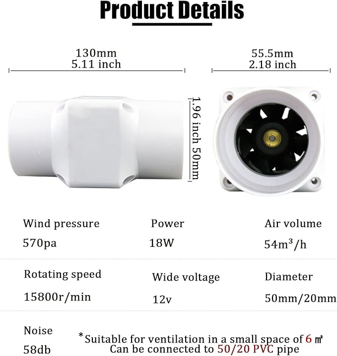 2” 50mm Inline Variable Vent Duct Fan with 20mm PVC Duct 92 CFM 18W Air Diffuser Blower 12V Electronic Booster Fan for Grow Tents Hydroponics Home Use (50mm/20mm Not Adjustable Speed)
