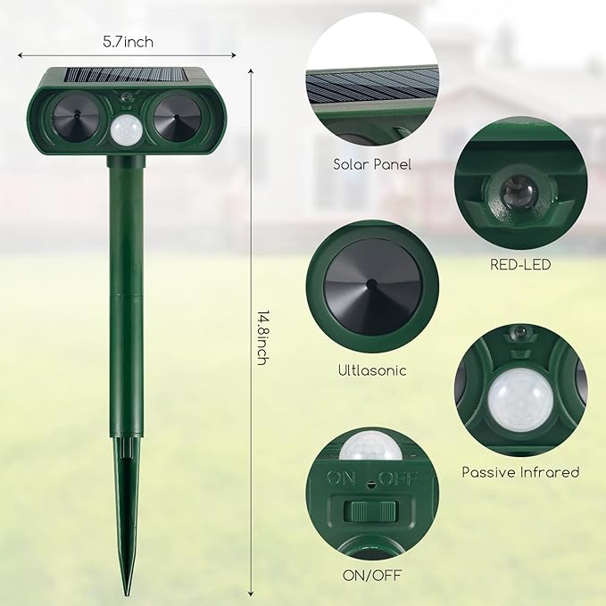Solar Ultrasonic Animal Repeller Outdoor Squirrel Racoon Fortress Pro Deer Repellent Devices Waterproof Motion Activated Animal Deterrent Devices to Scare Cat Rabbit Fox Skunk for Yard Garden