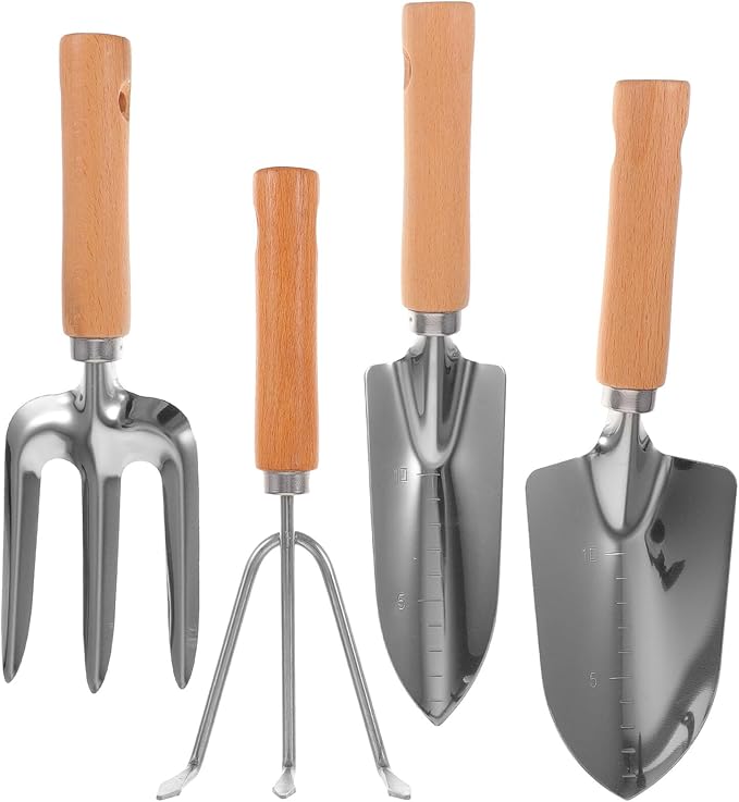 Kisangel Garden Tool Set with Wooden Handle 4pcs Hand Rake and Shovels for Gardening Outdoor Planting Vegetable Farming Yard Maintenance
