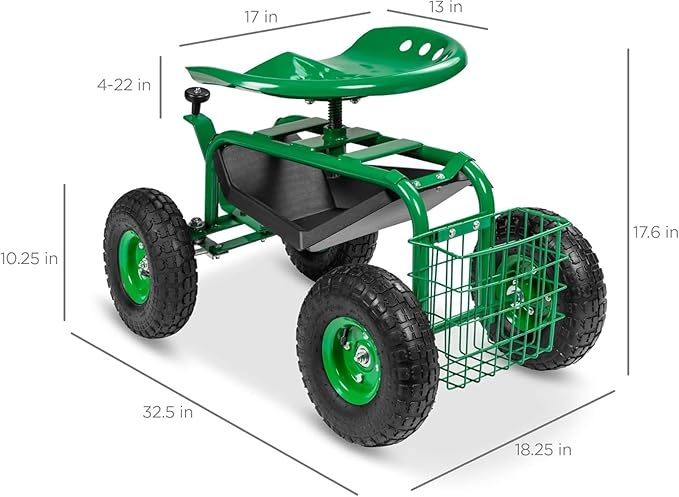 4-Wheel Garden Cart with 360° Swivel Seat - Heavy Duty Rolling Work Seat with Tool Tray &amp Storage Basket 10 Rubber Tires &amp 330lb Capacity for Outdoor Gardening