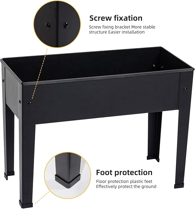 Raised Garden Bed Elevated Planter Black Metal Plant Box with Legs Standing Garden Stand Drainage Holes Black(24 L x 11 W x 18 H)