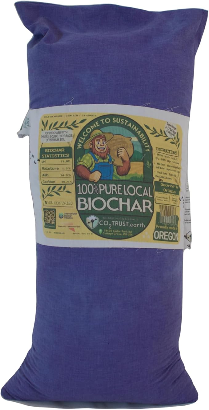 Premium Biochar Soil Amendment - Lab Tested - Upcycled Linen Bag - High Carbon Content 80% - Garden Lawns &amp Farm Ready - 5 Gallons