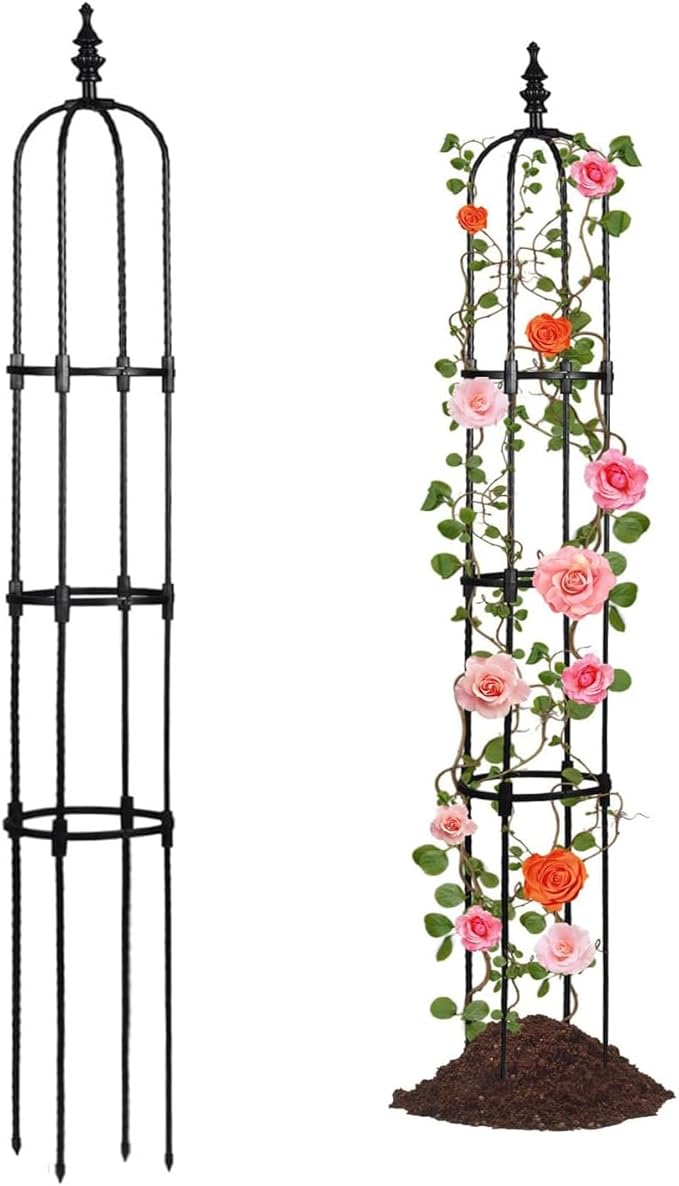Garden Obelisk Trellis for Climbing Plants 2FT/3FT/4FT/5FT Rose Bush Round Trellis for Pots Rustproof Metal Plant Flower Trellises Thickened Tube Plant Tower Trellis for Clematis Vine Support Outdoor