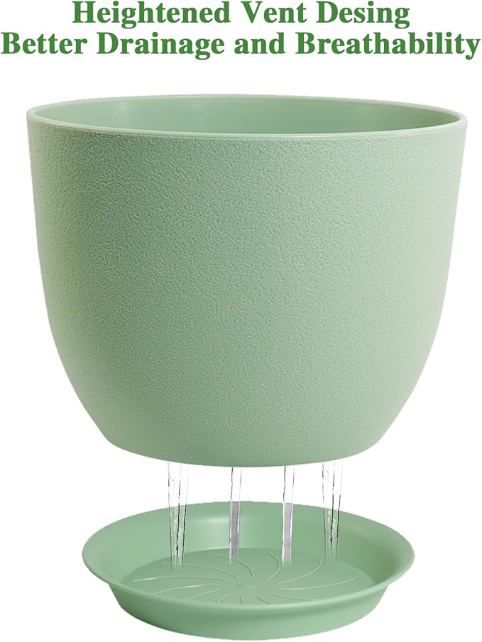 12/10/9 Large Modern Plant Pots Plastic Planters with Drainage Holes and Saucers for Indoor Outdoor Plants Flowers Green
