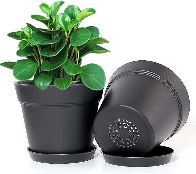 WOUSIWER 16 Pack 6 inch Plastic Planters for Indoor Flower Pots Heavy Duty and Stylish 6 Inch Plant Pots for Indoor Plants with Drainage Holes and Tray for Plants Flowers Black