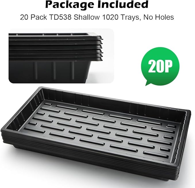20 Pack Shallow 1020 Trays No Holes Heavy Duty Reusable Seed Starter Flat Seedling Tray for 72/128 Cell Plug Tray Transplant Microgreen &amp Seed Germination (21×11 1.6 Deep TD538)