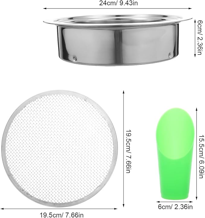 Stainless Steel Garden Soil Sifter Set with 1mm 3mm 6mm Mesh Screens and Plastic Shovel for Compost Sifting and Potting Soil Filtration