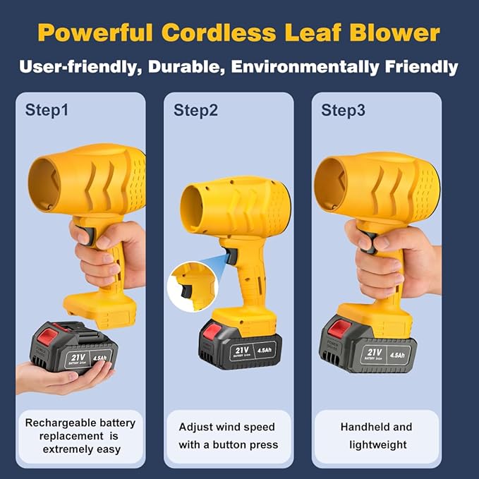 Electric Mini Leaf Blower Powered Handheld Blower Leaf Adjustable Wind Speed Cordless 21V Battery Blower with 2 Rechargeable Batteries and Charger Toolbox for Yard Leaf &amp Snow Removal(Yellow)