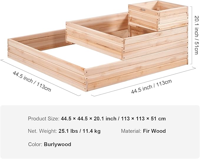 VEVOR 3 Tier Raised Garden Bed Wood Outdoor 45 x 45 x 20in High End Natural Fir Wood Planter Box Outdoor Planting Boxes for Flowers/Vegetables/Herbs in Backyard/Garden/Patio/Balcony with Open Base