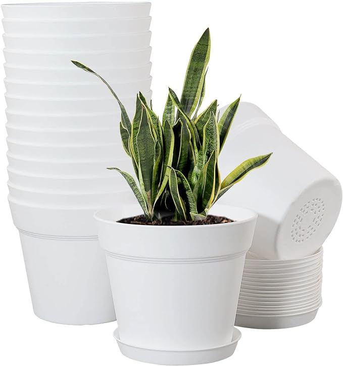 WOUSIWER 16 Pack 6 inch Plastic Planters for Indoor Flower Pots Heavy Duty and Stylish 6 Inch Plant Pots for Indoor Plants with Drainage Holes and Tray for Plants Flowers White