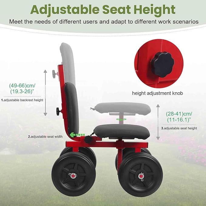 Rolling Garden Bench with Height Adjustable Feature Mobile Gardening Seat with Durable PP Frame and 120kg Capacity for Outdoor Planting and Weeding
