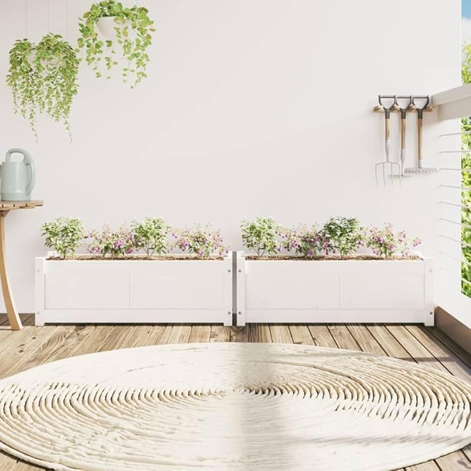 Garden Planter Box - White Solid Pine Wood Flower Plant Bed Ideal Outdoor Gardening for Vegetables Set of 2 Large Trough
