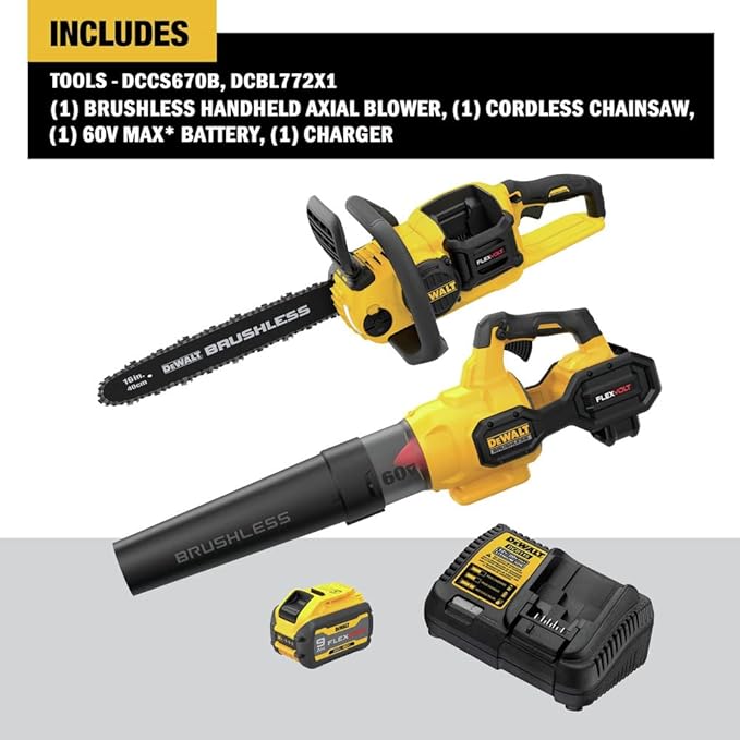 DEWALT FLEXVOLT 60V MAX* Blower &amp Chainsaw Combo Kit Brushless 3-Ah Battery (DCBL772X1 &amp DCCS670B)