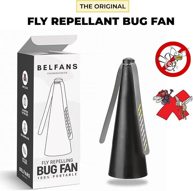 Belfans FlyRepellent Fan for Tables – USB Powered/Rechargable Soundless Fly Swatter with Holographic Blades and Portable Fly Fan for Bees Wasps &amp Outdoor Use (1 Black Rechargeable)