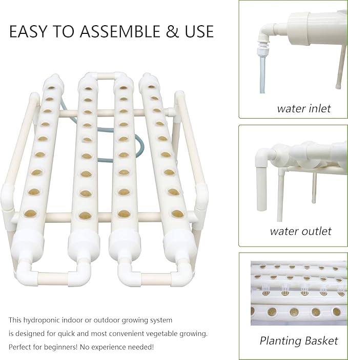 INTBUYING Hydroponics Growing System 36 Holes 4 Pipes 1 Layer Plant Site Grow Kit Hydroponic Gardening System Horizontal with Water Pump Nest Basket Sponge for Leafy Vegetables