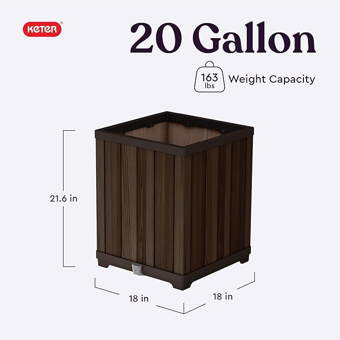 Keter Signature 21.6 Inch Tall Square Large Wood Look Planter for Indoor or Outdoor Flower Pot Ideal for Patio Deck and Front Porch Decor Rosewood