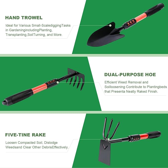 Garden Tool Set 3 Pack Lightweight Heavy Gardening Kit Including Hand Shovel Transplant Shovel and Hand Rake with Soft Rubber Non-Slip Handle for Planting Weeding Digging Orange ﻿
