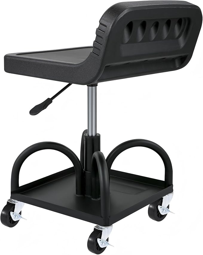 Rolling Garage Stool 300Lbs Capacity Adjustable Height 15.7-20.5 Inch Mechanic Seat with Tool Tray