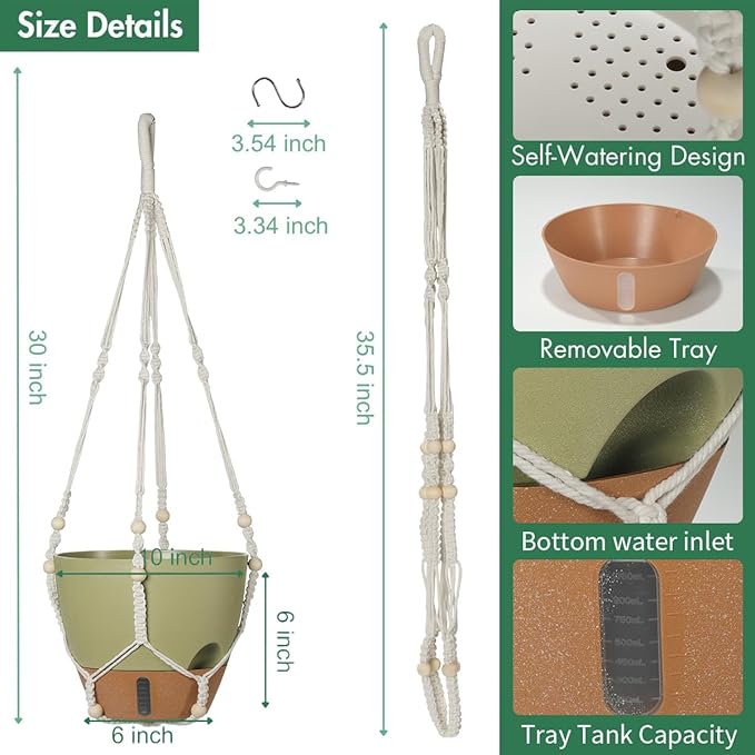 Self-Watering Hanging Planters for Indoor Plants Set 2-Piece Includes Plant Hanging Pot Drainage-Hole Hanging Pot and Hanging Basket Rack (10 Inches Green)