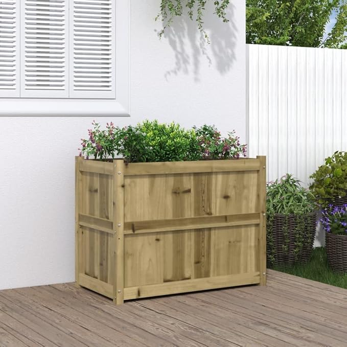 Large Garden Planter Natural Pine Treated Solid Wood 35.4x35.4x27.6 inch Durable Outdoor Raised Garden Bed for Flowers Herbs Vegetables