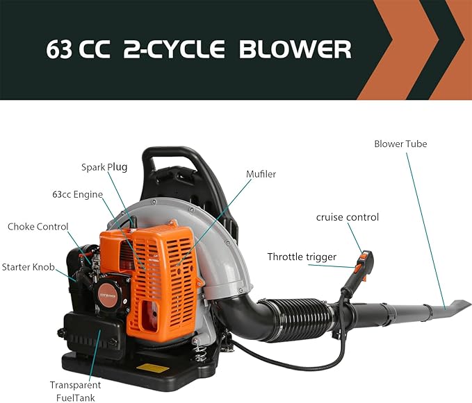 Gas Leaf Blower Backpack Blower 63CC 2 Stroke 665 CFM Gas Powered Leaf Blower Gasoline Leaf Blower for Lawn Care Road Cleaning
