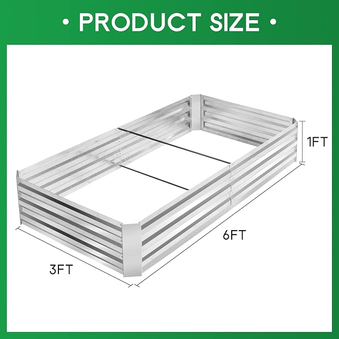 PayLessHere Galvanized Raised Garden Bed Outdoor Elevated Planter 6x3x1FT Vegetable Flower and Herb Planter Box Kit with Galvanized Steel and Metal Pole Reinforcement(Silver)