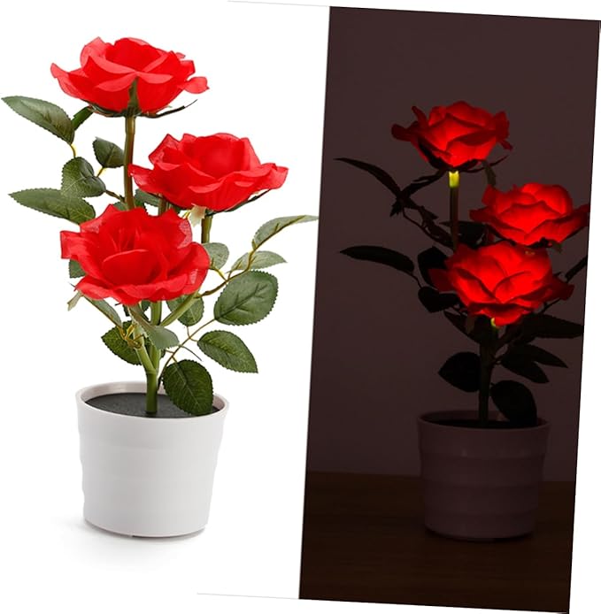 Happyyami Solar Rose Flower Lights Led Decorative Bonsai Night Lamp for Use for Gardens Offices Weddings and Red