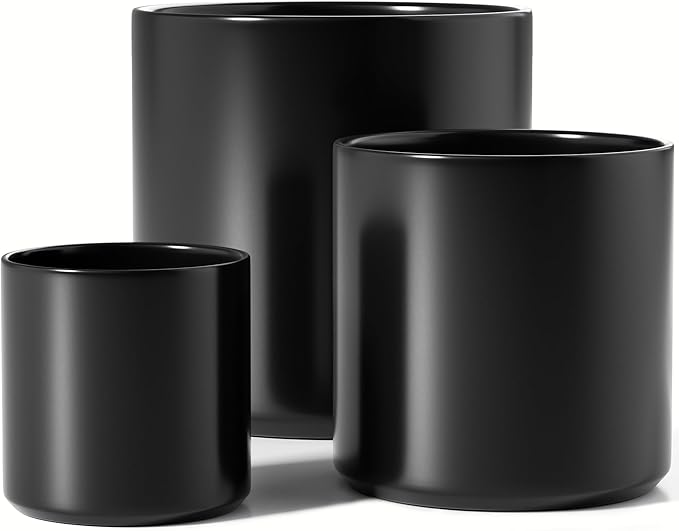LE TAUCI Ceramic Pots for Plants 10/8/6 Inch Indoor Planters with Draiange Hole Silicone Plug &amp Mesh Pad Modern Minimalist Pots for Home Office Set of 3 Satin Black