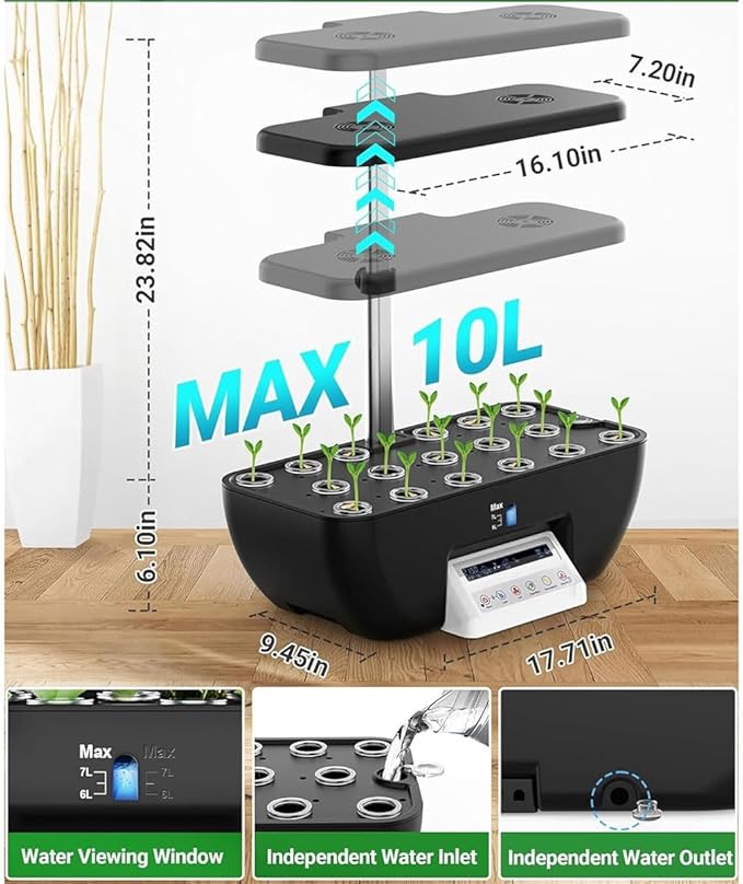Herb Garden Kit17 Pods Hydroponics Growing System with 28W Full-Spectrum Grow Lights &amp 2 Fans Indoor Garden with Water Pump 10L Water Tank Auto Timer Height Adjustable