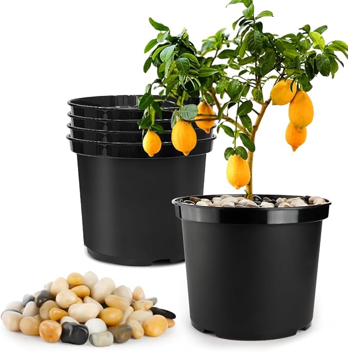 5 Gallon Pots with 10lbs Rocks 12 Inch Plastic Nursery Pots with Drainage Holes Round Sturdy Garden Pots with Stones Deep Nursery Pots for Plants Gardening Gifts for Women (5-Pack Black)